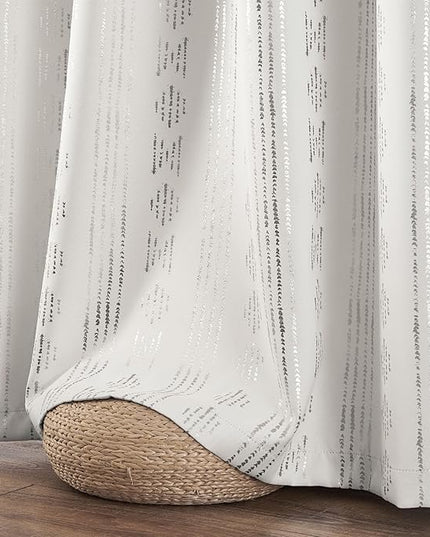 jinchan 95% Blackout Boho Curtains 90 Inches Long for Christmas Bedroom Living Room Decor Festive Silver Geometric Foil Printed Curtain Grommet Top Room Darkening Drapes Off White 52 x 90 2 Panels
