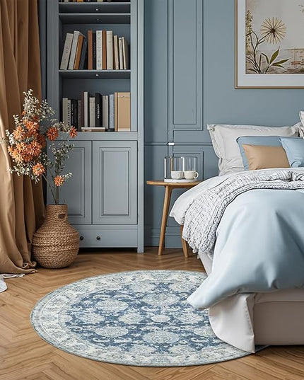 jinchan Fiora Round Rug 4ft Area Rug - Indoor Vintage Hallway Circle 4' Washable - Ultra-Thin Low Pile Soft Small Non Slip Distressed Floral Print for Living Room Bedroom Entryway Dark Blue