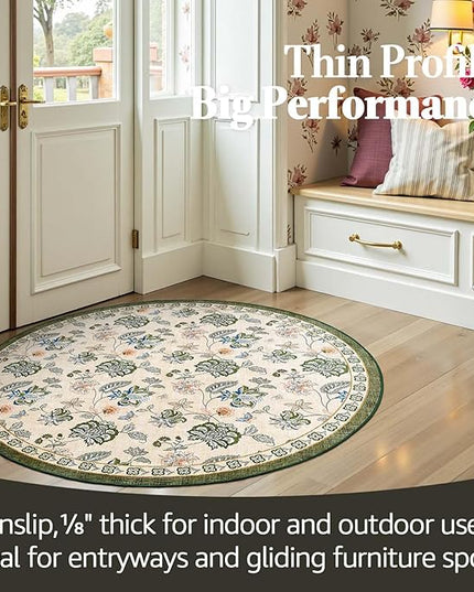 jinchan Elora 4ft Floral Round Rug for Entryway Washable Rug Vintage Romance Christmas Design Non Slip Indoor Doormat Lightweight Low-Profile Throw Carpet for Living Room Dining Room, Green/Beige