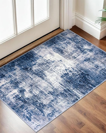 IOHOUZE Small Abstract Area Rug 2x3 Ft Entryway Rugs Washable Door Mat Indoor Entrance, Rubber Backed Throw Rugs, Printed Faux Wool Non Slip Floor Carpet for Foyer Front Door Sink, Navy/Grey