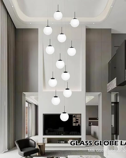 KoKo&Yukina 12-Light Black Mid Century Modern Chandelier for Living Room Staircase Chandelier for Entryway Globe Milky White Glass Pendant Light High Ceiling Chandeliers Foyer (Bulb & Remote Incl.)