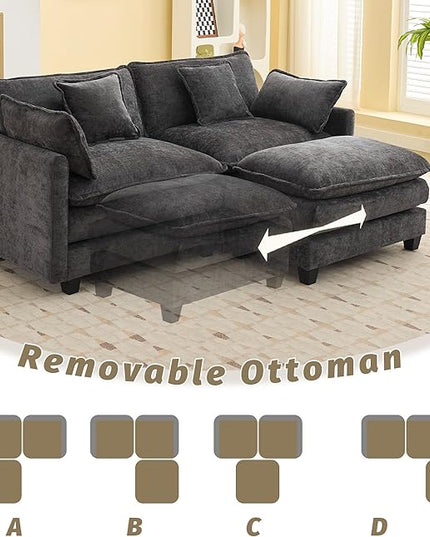 76'' Cloud Deep Seat Loveseat Sofa, Upholstered Chenille Modular 3-Seats Sectional Sofa Couch with Movable Ottoman, Modern Comfy Settee Loveseat for Living Room Set, Small Apartment, Dark Grey