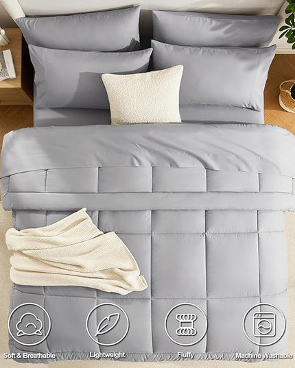 CozyLux Full Size Comforter Sets Grey, 7 Pieces Bed in a Bag, Gray Comforter Full Size, All Season Bedding Sets with Stitch Quilted Comforter, Flat Sheet, Fitted Sheet, Pillowcases