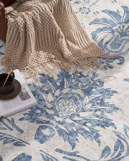 jinchan Torino Runner Rugs 2x5 - Vintage-Inspired Floral Design Machine Washable Non-Slip Ultra-Thin Low-Pile Rubber Backing Runner Rug for Kitchen Hallway Laundry Room Entryway Dark Blue