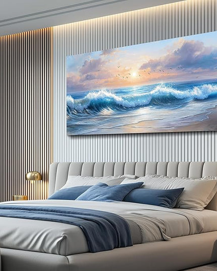 XIGUANGART Blue Ocean Paintings Canvas Prints Wall Art for Living Room Large Wall Decor for Bedroom Modern Minimalist Artwork Beach Sunrise Sea Wave Nature Pictures Office and Bathroom Home Decor