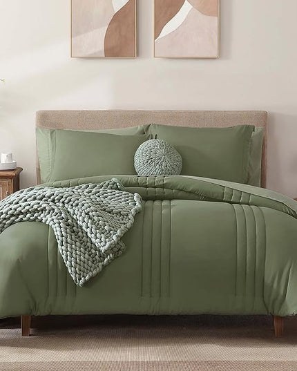 Monbix Full Comforter Set - 7 Pieces Light Sage Green Bed in a Bag Full Size Bedding Sets with Comforters, All Seasons Down Alternative Comforter with Sheets,Pillowcases & Shams