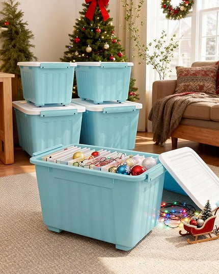 Nazhura 97 Quart Plastic Storage Bin, Stackable and Nestable Storage Boxes with White Lids and Secure Latching Buckles, Large Storage Container (Blue, 97Quart-6Pack)