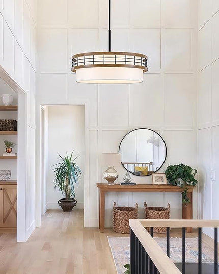 22" Large Drum Chandelier, Black and Wood Texture Pendant Light, 5-Light Farmhouse Kitchen Chandelier for Dining Room Foyer Entryway Bedroom