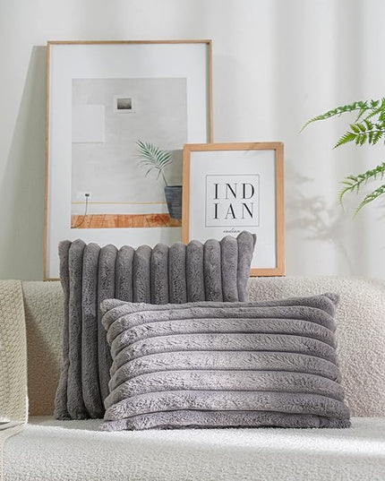 DEELAND Pack of 2,Double-Sided Faux Fur Plush Decorative Throw Pillow Covers Fuzzy Striped Soft Pillowcase Cushion Covers for Sofa Couch Bedroom