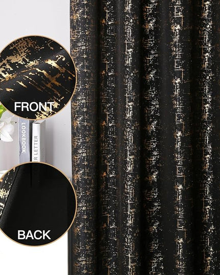 Taisier Home Black & Gold Geometric Dots Curtains 108" - Extra Long Room Darkening Drapes, Unique Design Set of 2 Gold Foil Print Linen Panels for Bedroom Living Room