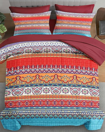 Comforter Set Full Size, Vintage Paisley Leaf Floral 7 Pcs Bedding for Kids and Adults, Ethnic Geometric Flower Bed Sheet Sets with Fitted Sheet 2 Pillowcases & 2 Shams