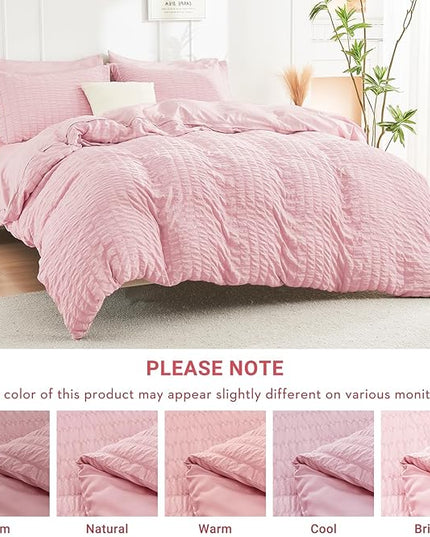 HYMOKEGE Pink King Size Comforter Set Seersucker 7 Pieces, All Season Luxury Bed in a Bag for Bedroom, Bedding Set with Comforters, Sheets, Pillowcases & Shams
