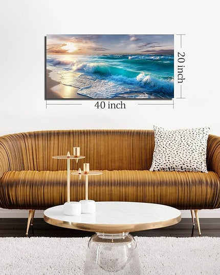 GUGIKA Ocean Wall Art for Living Room, Blue Wave and Large Coastal Beach Canvas Wall-Decor for Bedroom, Gold Sun Scenery Pictures for Hallway Office, Size 40x20 Inches