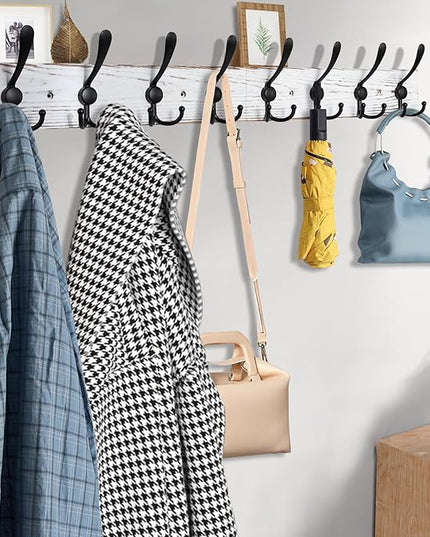 32.2'' Large Coat Rack Wall Mount Coat Hooks with 8 Metal Black Triple-Hooks Old White Pine Real Wood Plank Hat Rack for Wall Hooks
