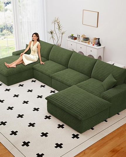 136" Cloud Couch Modular Sectional Sofa for Living Room, U-Shape Boneless Couch with Deep Seat, Modern Corduroy 4-Seater with Ottoman, No Assembly Required (Green,Left-Facing Chaise)