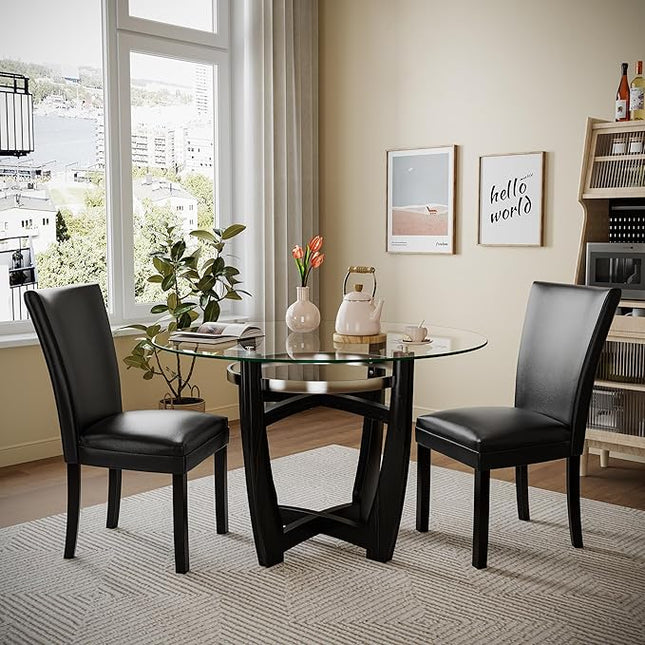 PADMA HOUSE Round Glass Dining Table Set for 6, 45in Modern Kitchen Small Wood Dinner Table with 6 Parsons Leather Dining Chairs 7 Piece Dining Room Table Chair Set, Clear&Black