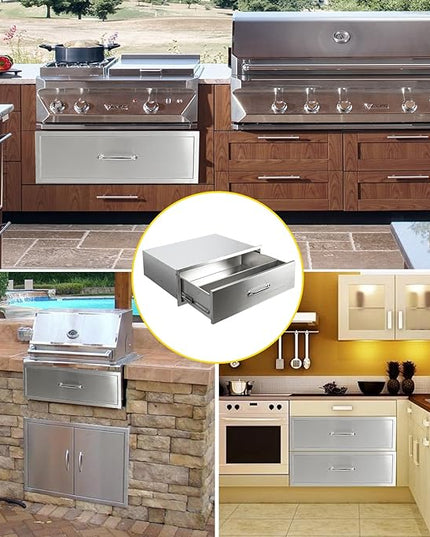 Outdoor Kitchen Drawers 30" W x 10" H x 23" D Flush Mount BBQ Single Drawers with Divider,Built-in Stainless Steel Drawer with Chrome Handle for Outdoor Kitchen Island Patio Grill Station