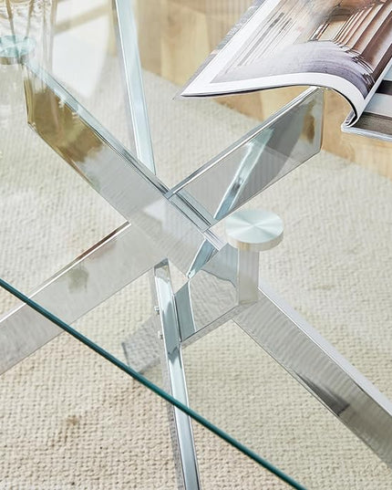 51" Rectangular Glass Dining Table Modern Kitchen Glass Top Table for 4 with Silver Metal Legs, Clear Dining Table Kitchen Table for Home Office Dining Room