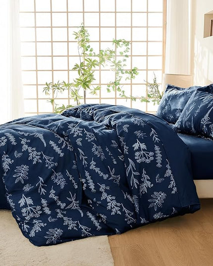 MUXHOMO Navy Blue Full Comforter Set, Elegant Floral Print Bed in a Bag 7 Pieces, Ultra Soft & Breathable Reversible Botanical Pattern Bedding Set with Comforter, Sheets, Pillowcases, and Shams