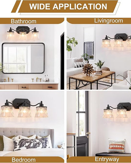 Bathroom Vanity Light Fixtures, 3-Light Vintage Matte Black Vanity Lights with Crystal Glass Shades, Farmhouse Bathroom Lighting Fixtures Over Mirror for Bathroom Bedroom Hallway