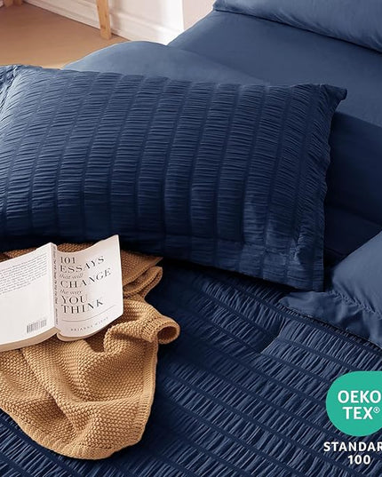 MUXHOMO 7 Pieces Full Comforter Set, Seersucker Bed in a Bag Full Size, All Season Luxury Bedding Set with Comforter, Flat Sheet, Fitted Sheet, Pillowcases & Shams, Navy Blue