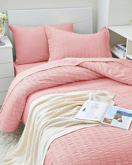 HYMOKEGE Rose Pink Twin XL Comforter Set Seersucker 5 Pieces, All Season Luxury Bed in a Bag for Bedroom, Bedding Set with Comforter, Sheets, Pillowcase & Sham