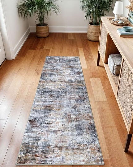 IOHOUZE Abstract Runner Rug 2x7 Ft Washable Runners for Hallways, Non Slip Kitchen Runner Printed Faux Wool Entryway Runners Indoor, Modern Abstract Floor Carpet for Hall Kitchen Bedroom, Orange Grey