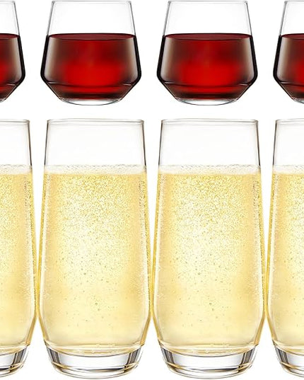 Short & Tall Drinking Glasses Set of 8 - 4 Tall Water Glasses and 4 Short Small Glass Cups Set - Elegant Glass Drinkware - Deluxe Glassware Sets for Highball Sparkling Cocktails, Wine, Beer, Whiskey