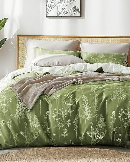 Love's cabin Olive Green Full Comforter Set - Full Size Comforter Set, 3 Pieces Cute Floral Bedding Sets for All Seasons,1 Soft Reversible Botanical Flowers Comforter and 2 Pillow Shams