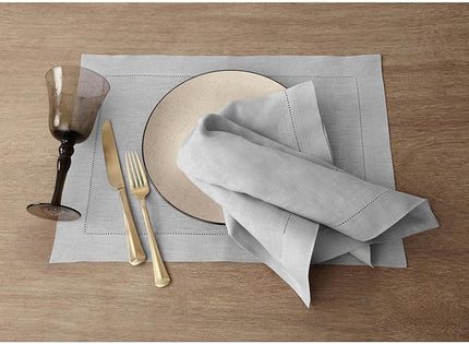 Solino Home Linen Napkins Set of 6 - Classic Hemstitch 100% Pure Linen Soft Grey Dinner Napkins Cloth 20 x 20 Inch for Christmas, Winter, New Year - Handcrafted and Machine Washable