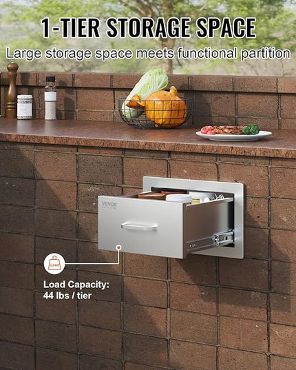 VEVOR 14x8.5 Inch Outdoor Kitchen Drawers Stainless Steel, Flush Mount Double Drawers,14W x 8.5H x 23D Inch, with Stainless Steel Handle, BBQ for Outdoor Kitchens or BBQ Island