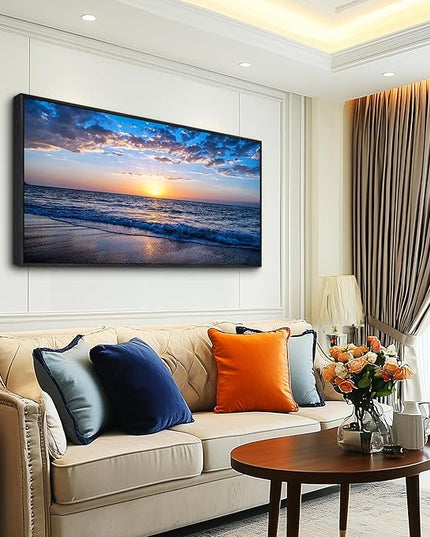 Blue Ocean Framed Wall Decor Living Room Large Size Canvas Wall Art For Bedroom Boho Home Decor Sea Beach Canvas Pictures Artwork Sunny Sea View Painting Office Wall Decorations Black Framed 24" X 48"