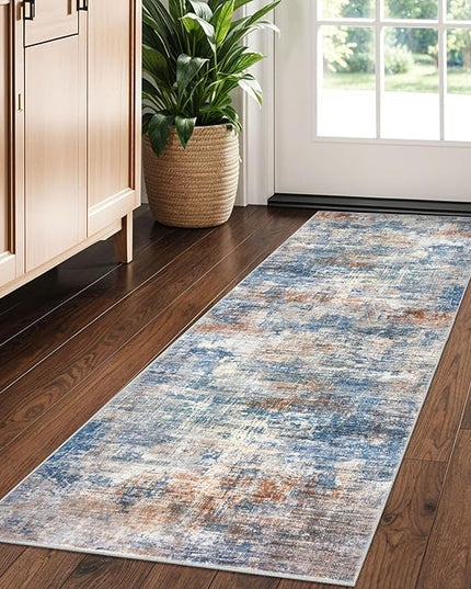 IOHOUZE Abstract Runner Rug 2x5 Ft Washable Runners for Hallways, Non Slip Kitchen Runner Printed Faux Wool Entryway Runner Indoor, Modern Abstract Floor Carpet for Hall Bedroom, Blue Rust