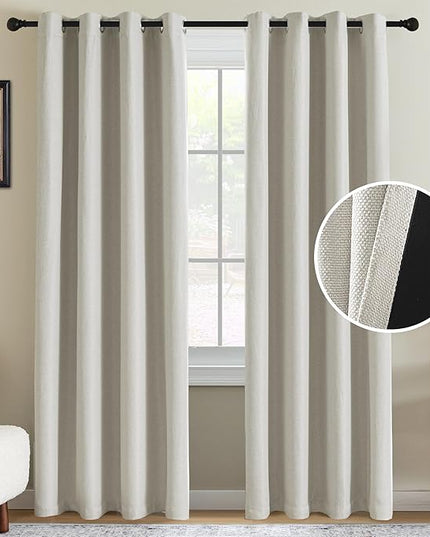 H.VERSAILTEX 90% Blackout Linen Curtains 96 Inches Long for Bedroom/Living Room Thermal Insulated Grommet Curtain Drapes Primitive Textured Burlap Effect Window Drapes 1 Panel - Heather Ivory/Black
