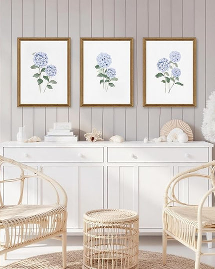 WRFON Hydrangea Wall Art, Blue Floral Wall Decor, Blue Watercolor Botanical Poster Wall Decor, Modern Minimalist Botanical Canvas Painting Print for Living Room Bedroom Wood Framed 12"x16"x3