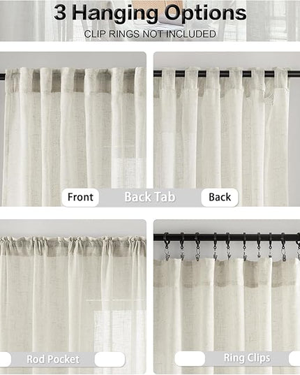 Cream Beige Natural Linen Semi Sheer Curtain Panels Drapes for Living Room Neutral Rod Pocket Back Tab Long Light Filtering Curtains Set of 2 for Farmhouse Decor Bedroom,Ivory Off White 34 x 84 Long