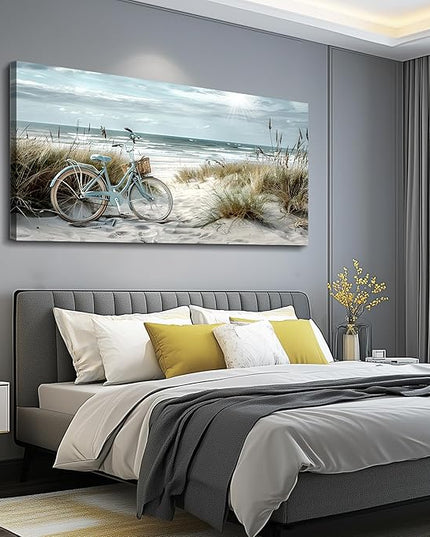 FUHAIHUA Large Wall Decor For Living Room Canvas Wall Art For Bedroom Modern Office Decoration Blue Beach Bicycle Seascape Painting Ocean Landscape Wall Pictures Artwork Home Decor Posters 24"X48"