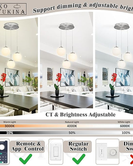 KoKo&Yukina 3-Light Globe Glass Pendant Light Modern Nickel Glass Chandelier Adjustable Length Pendant Lights Fixtures with Milky White Globe Ceiling Light for Kitchen Island (Bulb & Remote Incl.)