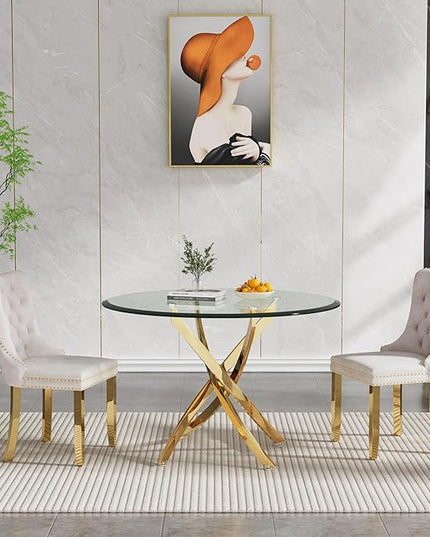 HomVent Round Glass Dining Table Set for 2, Modern Tempered Glass Kitchen Table Set and Chairs, Round Glass Dining Room Table Set for Kitchen (Gold, 36 inch Gold Table with 2 Beige Chairs)