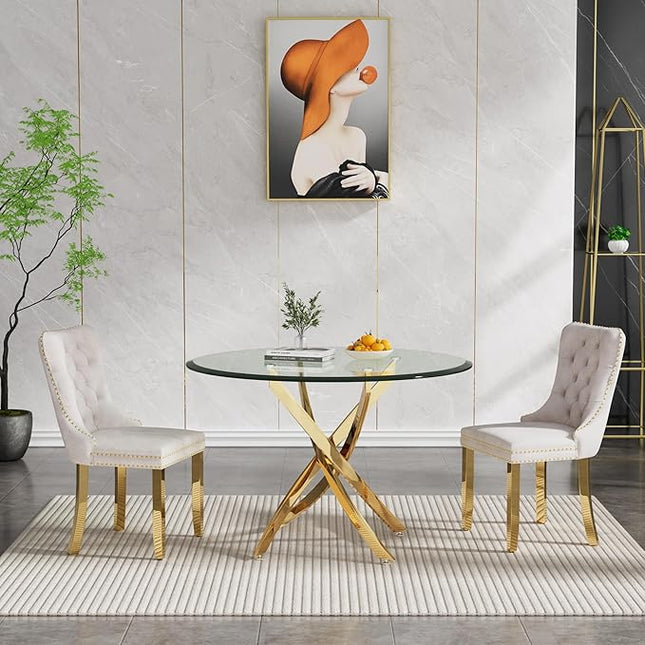 HomVent Round Glass Dining Table Set for 2, Modern Tempered Glass Kitchen Table Set and Chairs, Round Glass Dining Room Table Set for Kitchen (Gold, 36 inch Gold Table with 2 Beige Chairs)