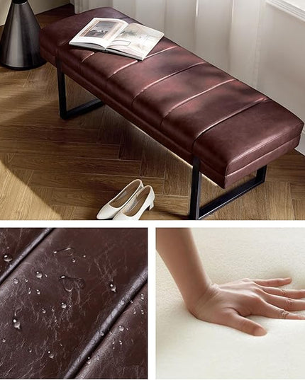 HULALA HOME 53" Faux Leather Entryway Bench, Button Tufted End of Bed Bench Ottoman for Bedroom, Living Room with Metal Base,Brown