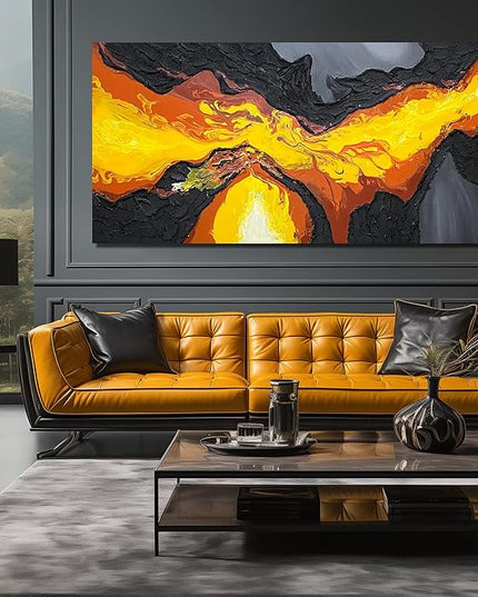 GUGIKA Large Abstract Wall Art for Living Room, Hand Painted 3D Textured Magma Paintings, Black and Gold Yellow Volcanic Lava Canvas Wall-Decor for Bedroom, Size 72x36 Inches
