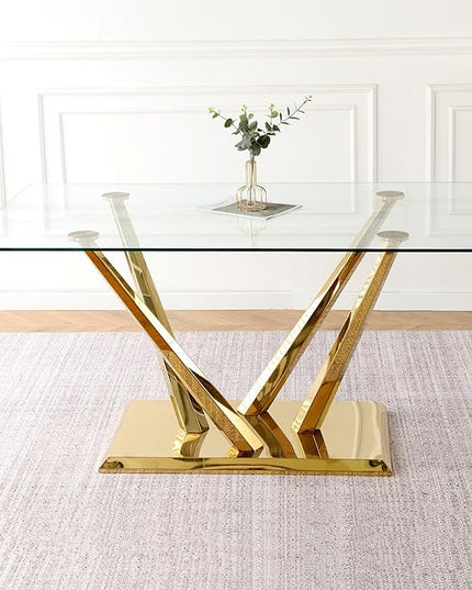 63" Modern Rectangular Glass Dining Table for 4-6, W-Shape Gold Stainless Steel Base, Glass Gold Dining Room Table for 6, Large Kitchen Dinner Table for Living Room