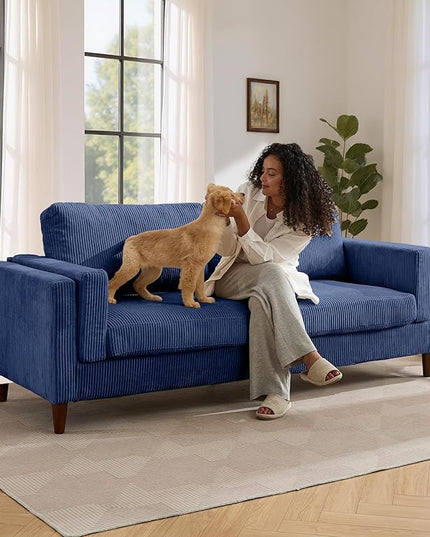 Tbfit 85" Corduroy Couch for Living Room, 3 Seater Mid Century Modern Sofa with Spring Cusions & Extra Deep Seat for Bedroom, Small Comfy Upholstered Couches Easy Assembly with Solid Wood Legs, Blue