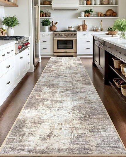 IOHOUZE Abstract Runner Rug 3x14 Ft Washable Runners for Hallways, Non Slip Kitchen Runner Printed Faux Wool Entryway Runner Indoor, Modern Abstract Floor Carpet for Hall Stair, Beige Brown