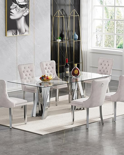 7 Piece Dining Table Set with 6 Beige Dining Chairs, Modern Glass Kitchen Table and Chairs Set for 6, 70" Rectangle Silver Glass Pedestal Dining Room Tables with Flash-Shape Stainless Steel Base