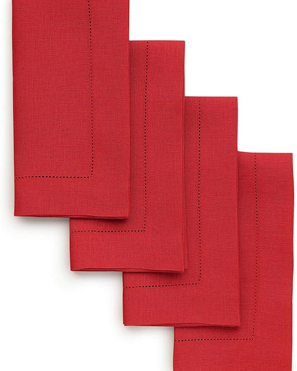 Solino Home Red Linen Napkins Set of 4-100% Pure Linen Hemstitch Dinner Napkins 20 x 20 Inch for Christmas, Holiday, Winter, New Year - Classic Hemstitch