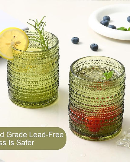 Vintage Glassware Drinking Glasses Set of 6,12 oz Hobnail Glass Cups,Embossed Green Water Tumbler,for Beer,Cocktail,Whiskey,Juice and Various Mixed Drinks- 1 Cleaning Brush