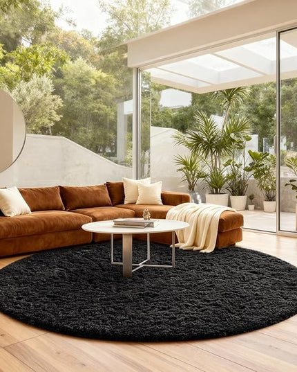 Ophanie Round Rug 8Ft Black Circle Area Rug, Room Decor for Men, Fluffy Fuzzy Bedroom Carpet, Plush Soft Shaggy Living Room Rugs for Kids Home Decor Aesthetic, Nursery