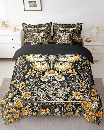 Feelyou 7 Piece Boho Death Moth Bed in a Bag Queen for Boys Kids Butterfly Moth Sheet Set,Flower Mushroom Rustic for Girls Women Moon Sun Bedding Set with Comforter Boho Style Cushion Covers